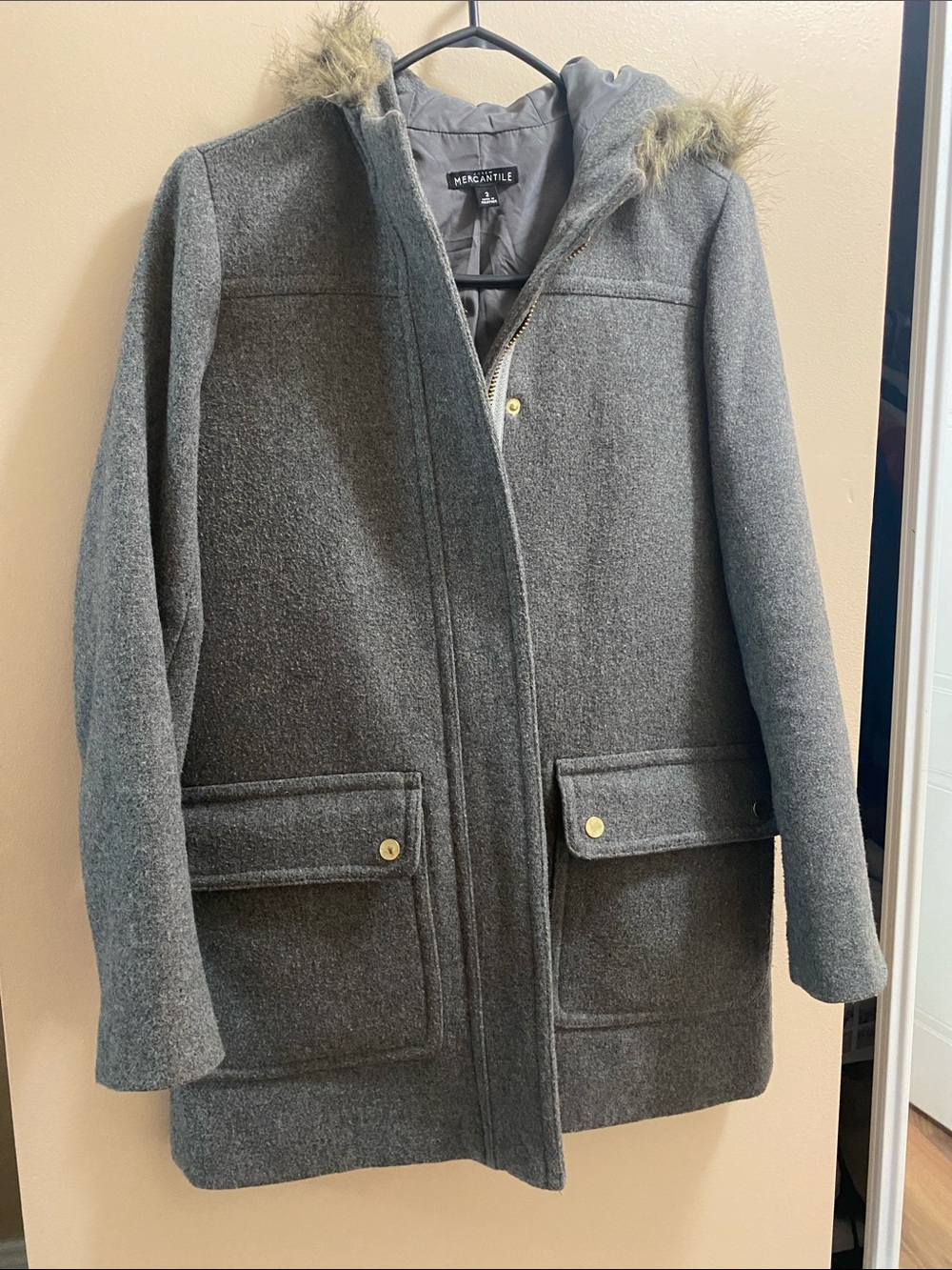J. Crew Factory Gray Hooded Trench Coat with Faux Fur Trim